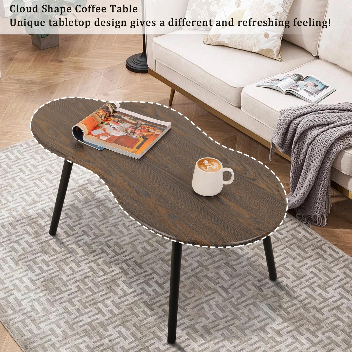 Modern Coffee Tables for Living Room Cloud Shape Center Table Industrial Irregular Wood Grain Table Top Coffee Table, Rustic Brown Unique Furniture for Living Room Home FEUFOAM