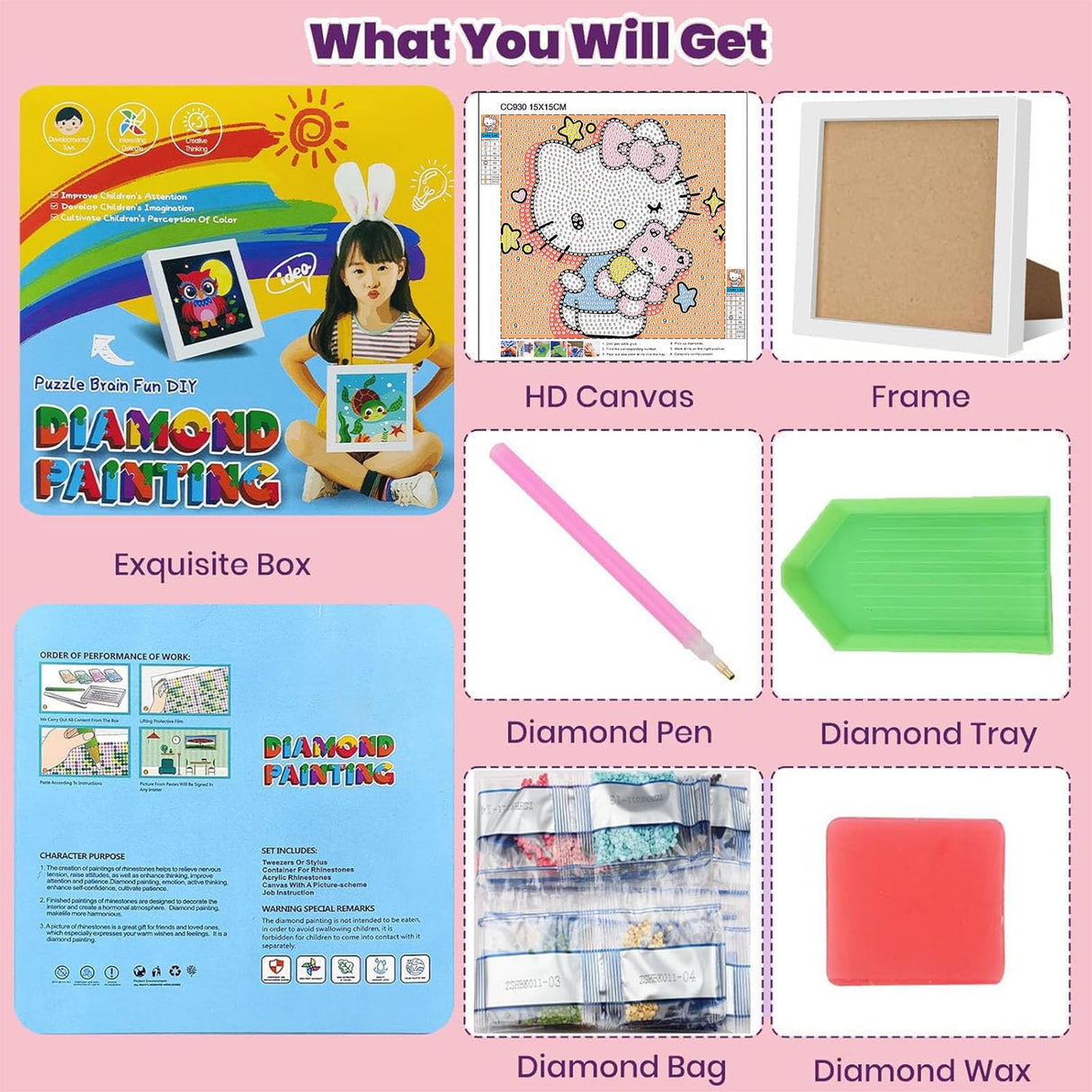 Sretoul Cartoon Diamond Art Kits for Kids with Frame - Kid Diamond Art Painting Kit Cartoon, Cute Gem Arts for Kids Ages 4 6 8 12, Easy DIY Crystal Gem Kits for Children Girls Boys Gifts (7x7 inch) Sretoul