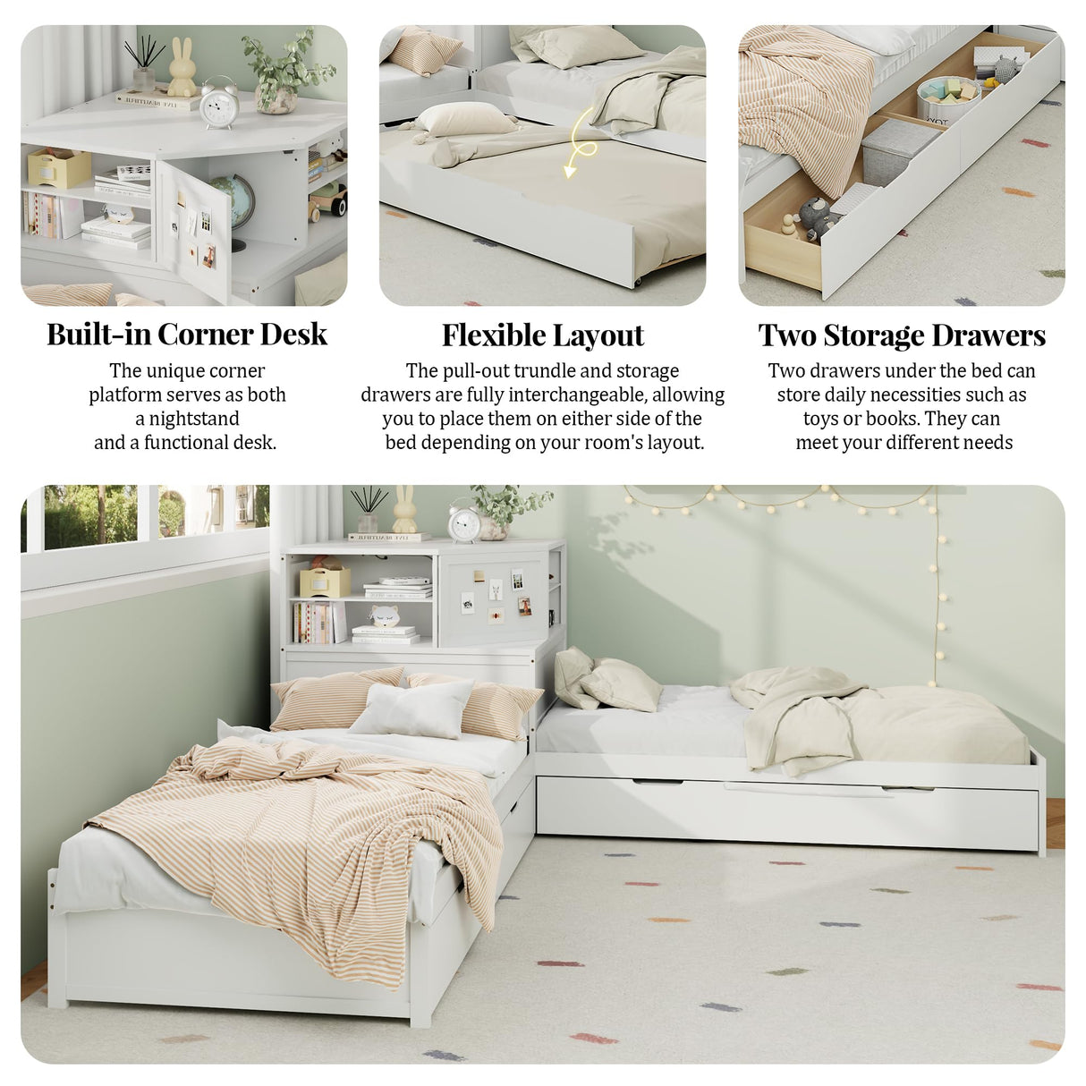 Merax L-Shaped Combination Twin Bed Frame with Trundle,Drawer,Built-in Desk,3-in-1 Design for Bedroom Merax