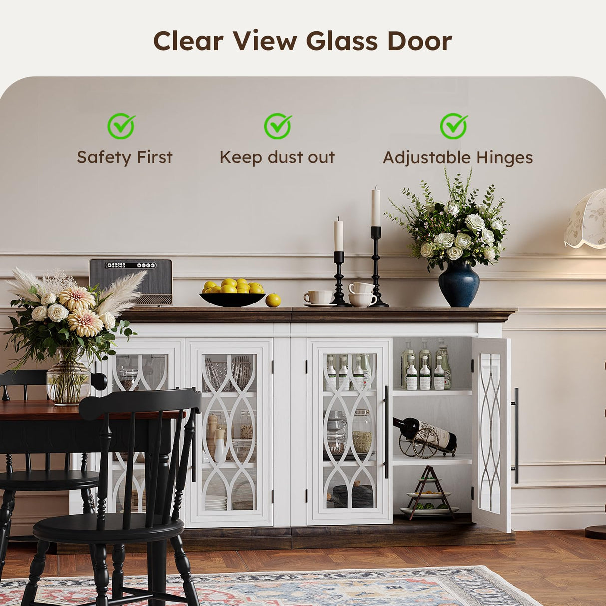 HolliWill 60 inch Farmhouse Buffet Sideboard Cabinet with 4 Glass Doors, Coffee Wine Bar Storage Cabinet, Buffet Table with Adjustable Shelves for Dining Room, Kitchen, Living Room HolliWill