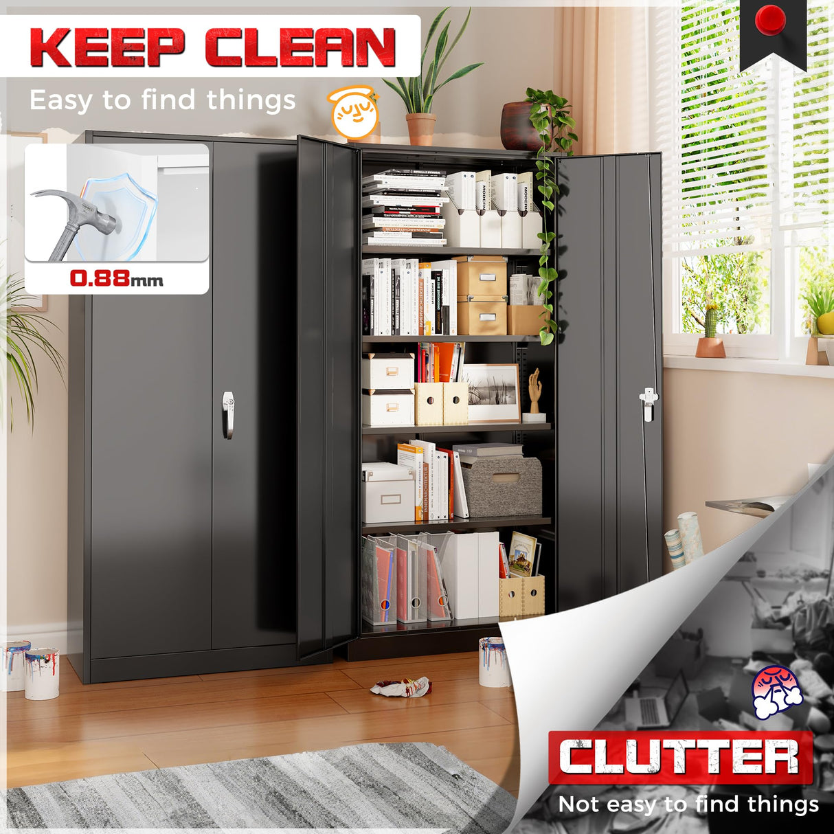 Pataku Metal Storage Cabinet, 72" Garage Cabinet with Doors and Shelves Lockable Steel Multifunctional Cabinet, Black Tool Cabinet for Garage, File Cabinet for Home, Office, Warehouse Pataku