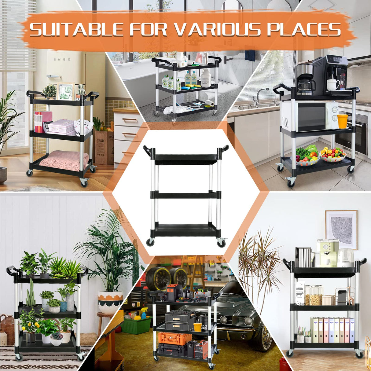 Utility Carts with Wheels,3-Tier Rolling Cart with Wheels, Heavy Duty 510 LBS Food Service Cart with Rubber Pad and Hammer for Kitchen/Office/Warehouse, 31.5" X 16.9" X 38.9"(Black) SFESGRER