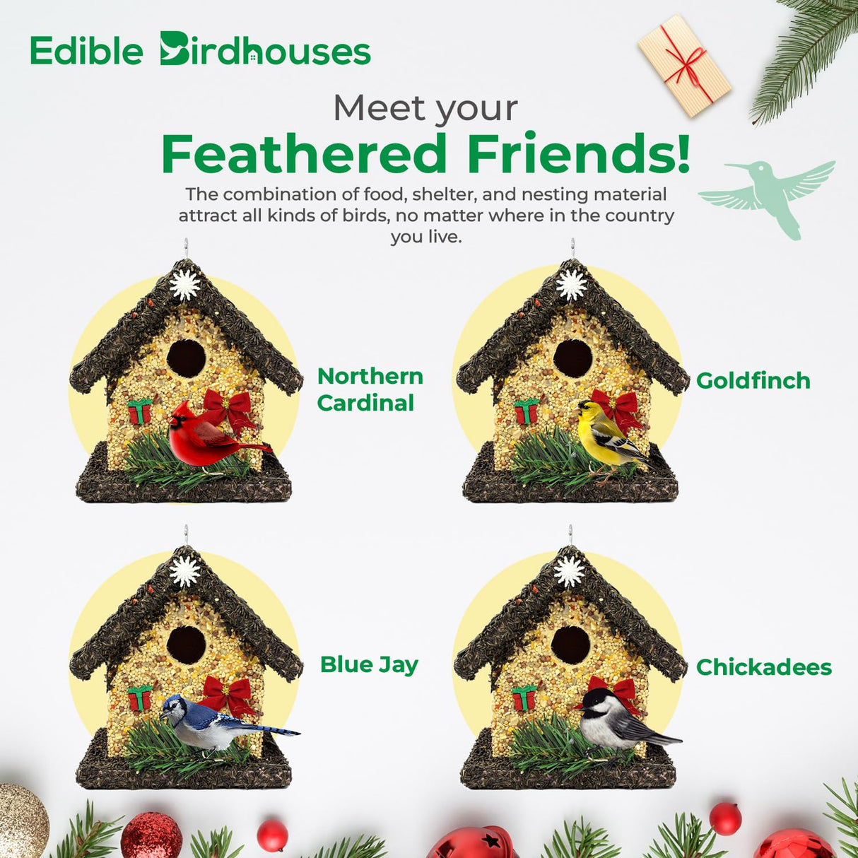 Handmade Edible Birdhouse- Unique Wooden Birdhouse Covered w/Birdseed- Reseedable Bird Feeder-Made in USA- Holiday Design! (SD) EDIBLE BIRDHOUSES