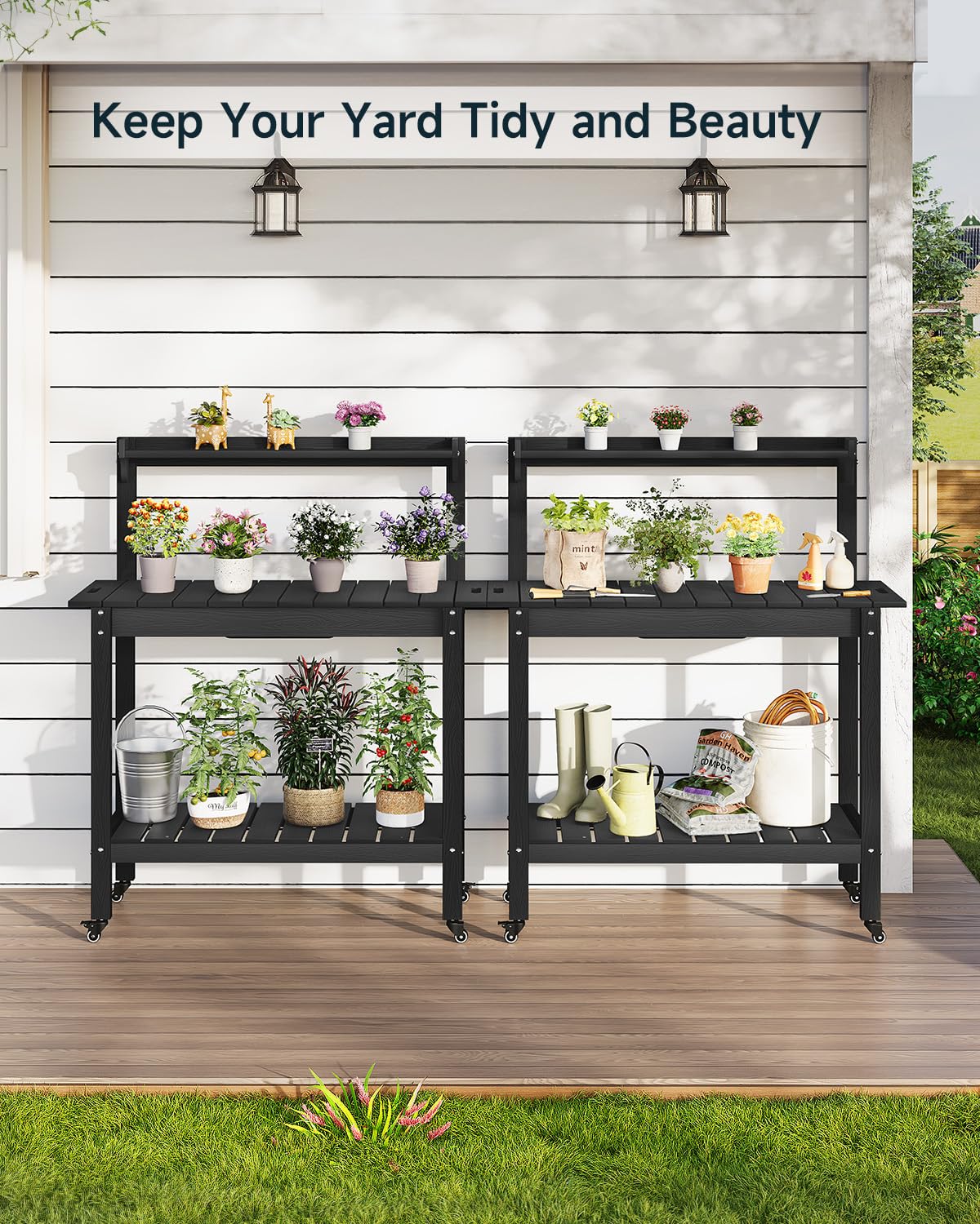 ONBRILL HDPS Outdoor Potting Bench with Sliding Tabletop/ 4 Wheels/Removable Sink, All-Weather Outside Garden Work Table, No Rust/Fade/Break, Potting Station for Porch, Patio & Backyard (Black) ONBRILL