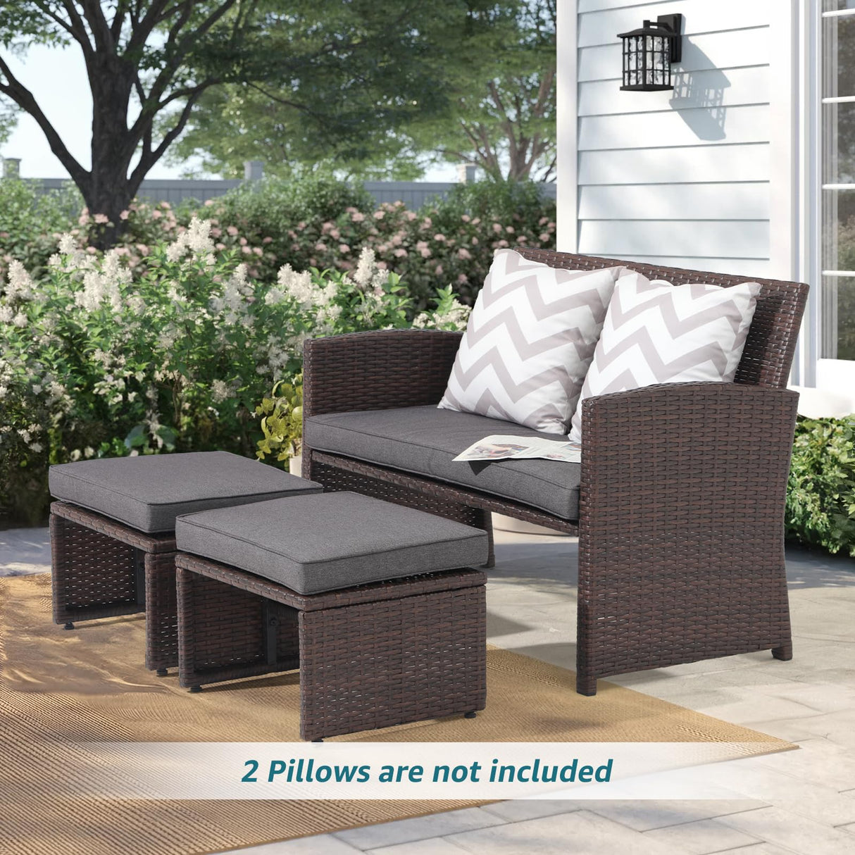 OC Orange-Casual Outdoor Loveseat 3 Piece Patio Furniture Set Outdoor Conversation Set All-Weather Wicker Love Seat with Ottoman/Side Table, Brown Rattan, Dark Grey OC Orange-Casual