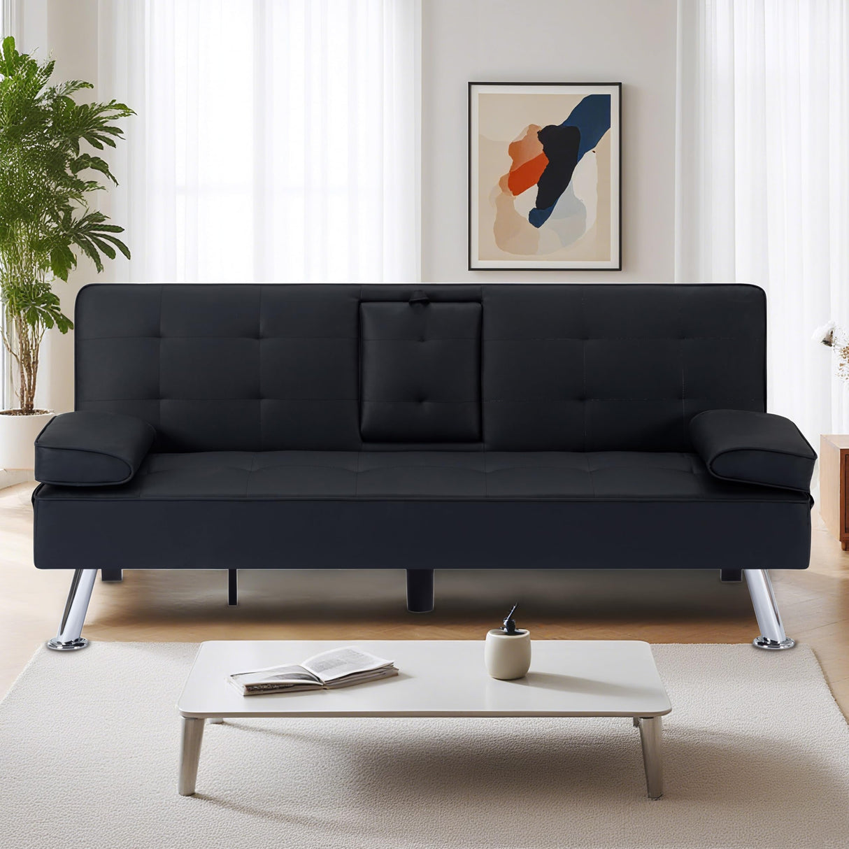 Convertible Loveseat Sofa Sleeper Couch Bed Adjustable PU Leather Upholstery Folding Recliner Sofá, Small 2-Seat Futon Sofa&Couch, Modern Accent Accent Couches with Cup Holders for Living Room Lyngins