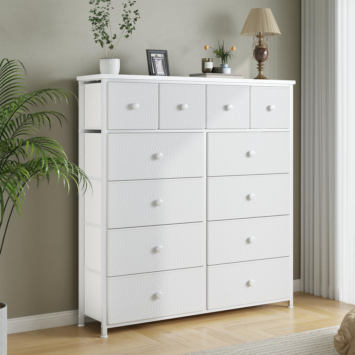 Bepatio Dresser for Bedroom with 12 Drawers Tall Dressers for Bedroom Fabric Dressers & Chest of Drawers with Sturdy Metal Frame, Wood Top, for Girls, Closet, 40.6" W x 11.8" D x 44.5" H (White) Bepatio