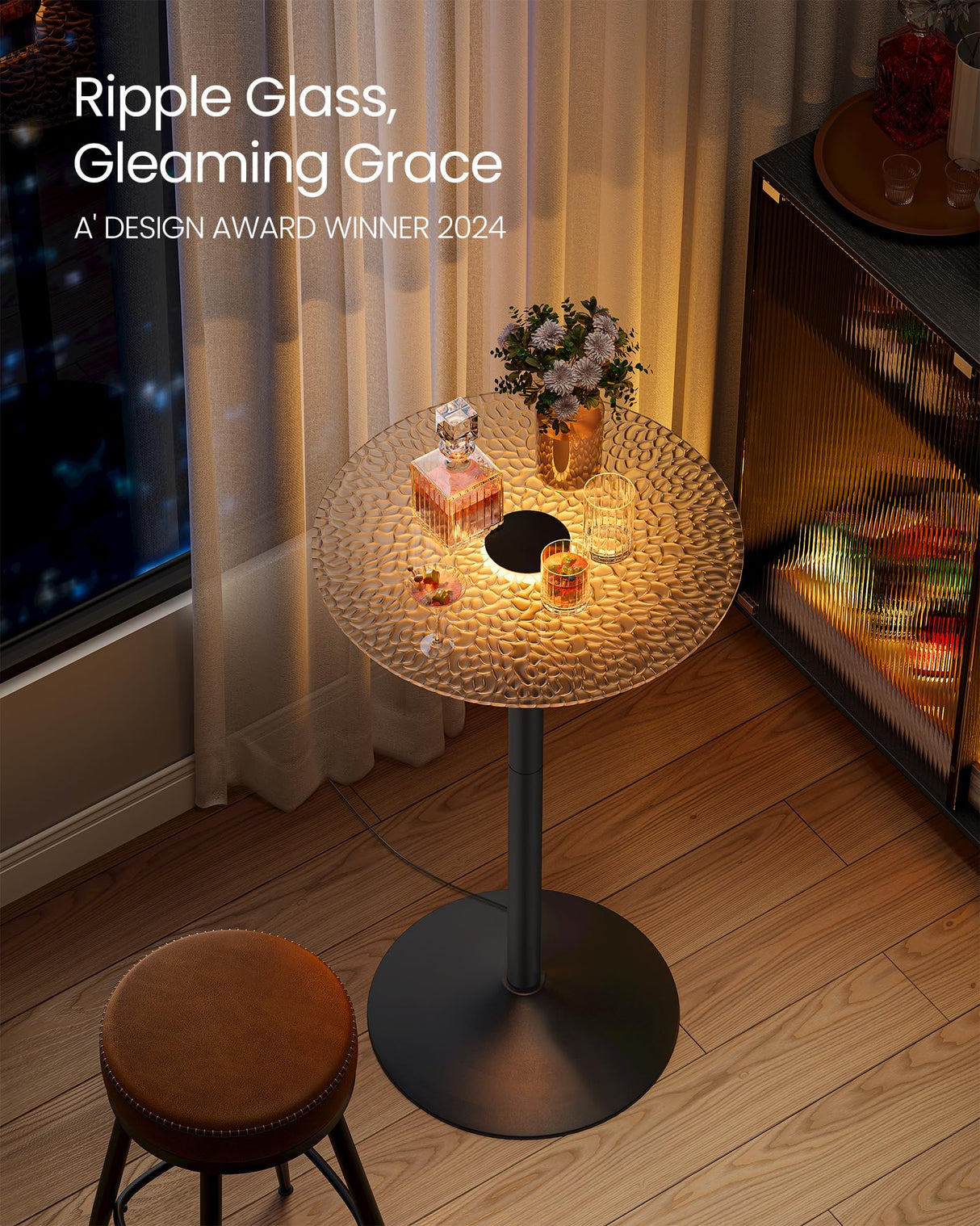 VASAGLE Bar Table, Round Cocktail Table with Multi-Colored Lights and Glass Top, Large Steel Base, 41.3 Inches Tall Pub Table for Kitchen, Bistro, Parties, Cloud White and Ink Black VASAGLE