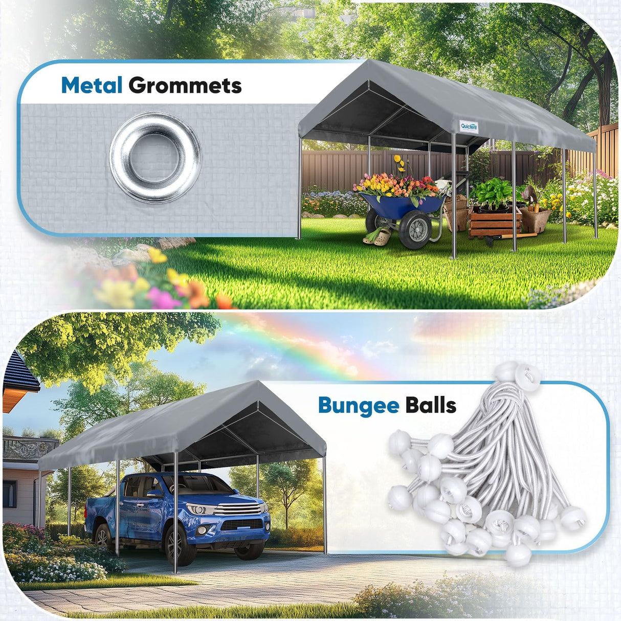 ADVANCE OUTDOOR Replacement Top Cover Tarp for 10x20 ft Carport Canopy with Ball Bungees, Gray, One Roof Only ADVANCE OUTDOOR