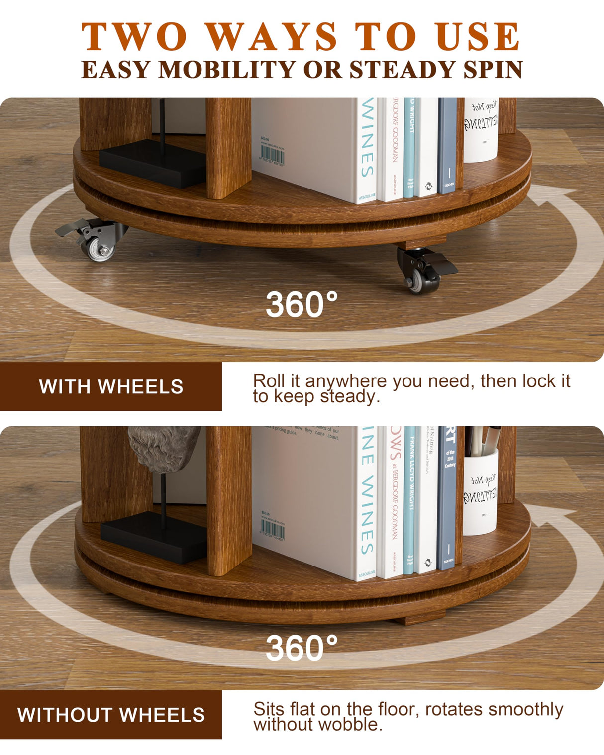 4-Tier Solid Wood Rotating Bookshelf on Wheels, 360° Spinning Book Shelf Tower, Round Revolving Bookcase Organizer, Rolling Bookshelves for Small Spaces, Corner, Bedroom, Kids Room, Office, Walnut IUNVR