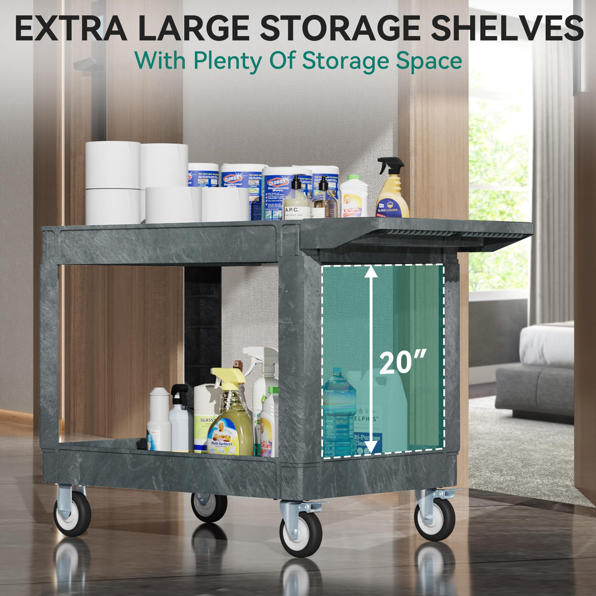 YITAHOME Utility Cart on Wheels, 550 lbs 2 Shelf Heavy Duty Rolling Cart, 45 x 25 in Plastic Service Cart Work Cart with Wheels for Warehouse Garage School & Office, Cleaning, Gray YITAHOME