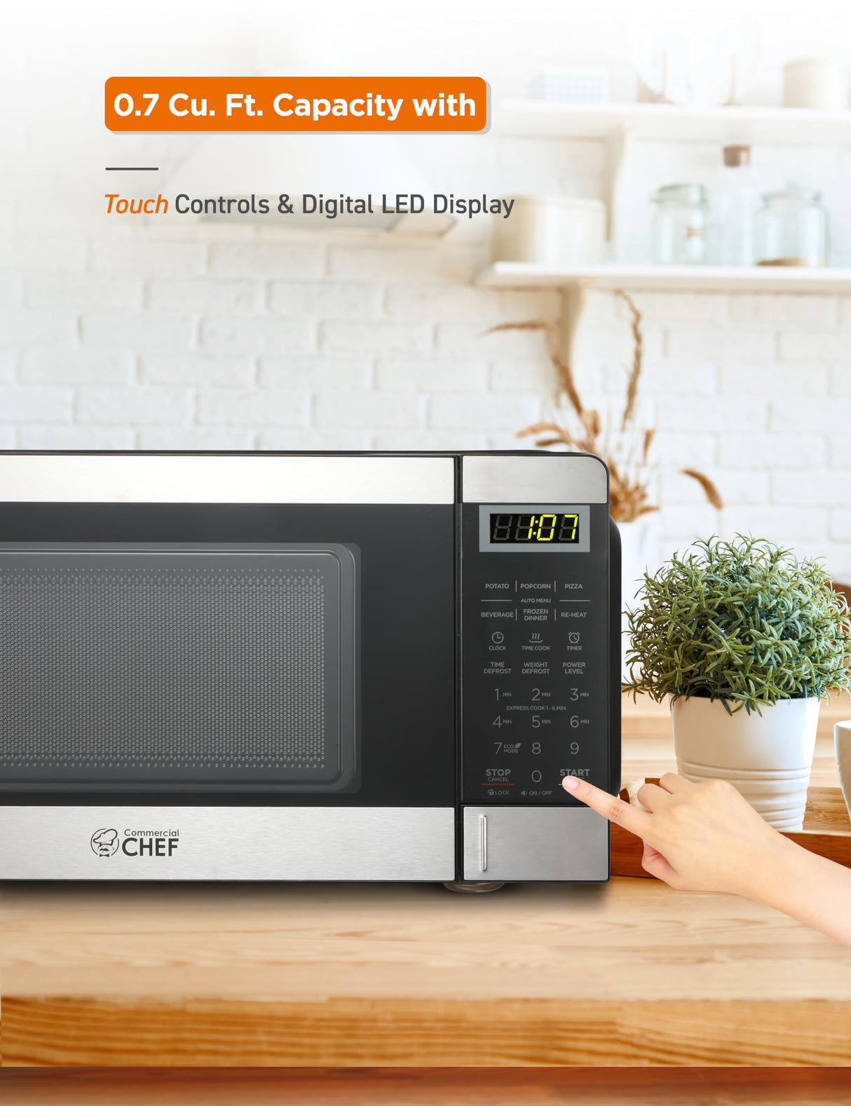 COMMERCIAL CHEF 0.7 Cubic Foot Microwave with 10 Power Levels, Small Microwave with Push Button, 700W Countertop Microwave up to 99 Minute Timer and Digital Display, Stainless Steel Commercial CHEF