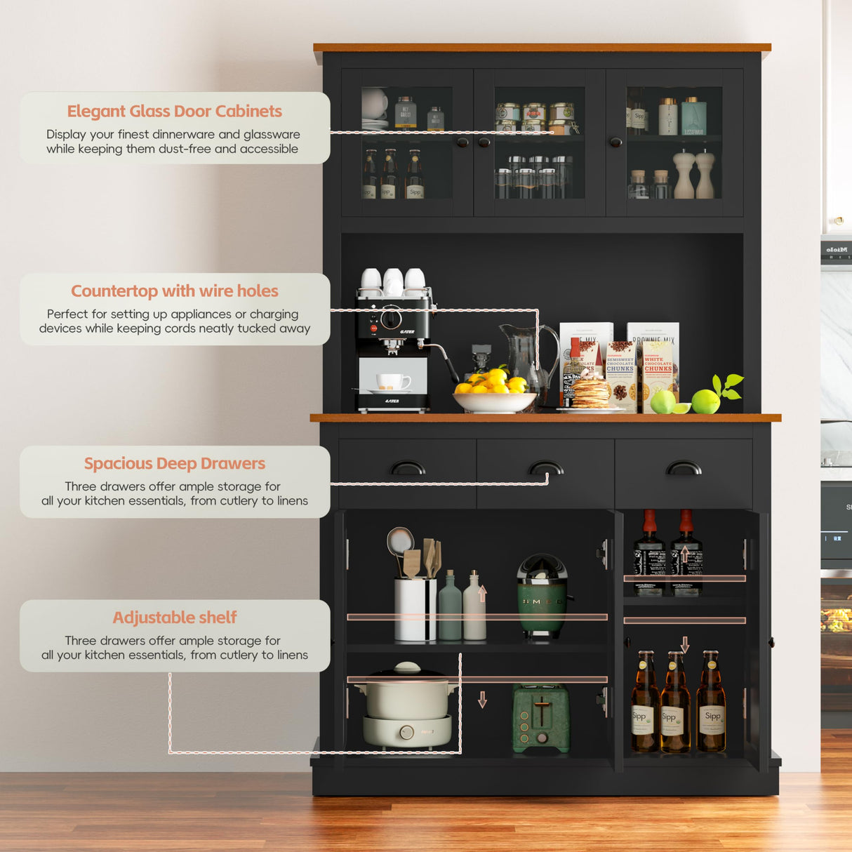 MU 71" Kitchen Pantry Cabinet with Charging Station, Tall Kitchen Hutch with Countertop, Drawers & Microwave Shelf, Food Storage Cabinet for Dining Room & Coffee Bar, Black MU