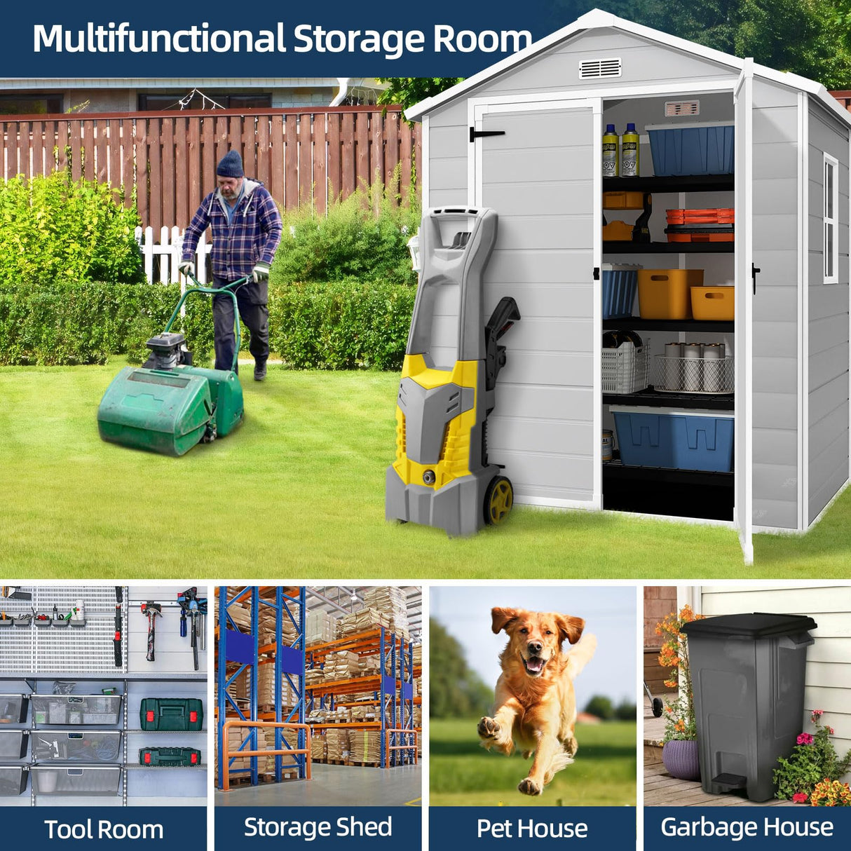 YOFE Resin Shed 6x4.4FT,Plastic Shed with Floor,Outdoor Storage Shed with Floor for Garden Tool,Waterproof Outdoor Resin Shed,Lockable Doors for Patio,Yard,Lawn (Gray) YOFE