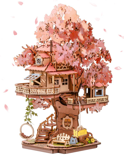 Rolife DIY Miniature House Kits Sakura Tree House 12" 3D Wooden Puzzles for Adults, Japanese Cherry Blossom Model Building Kit, Bonsai Craft Home Decor Gifts for Teens Family