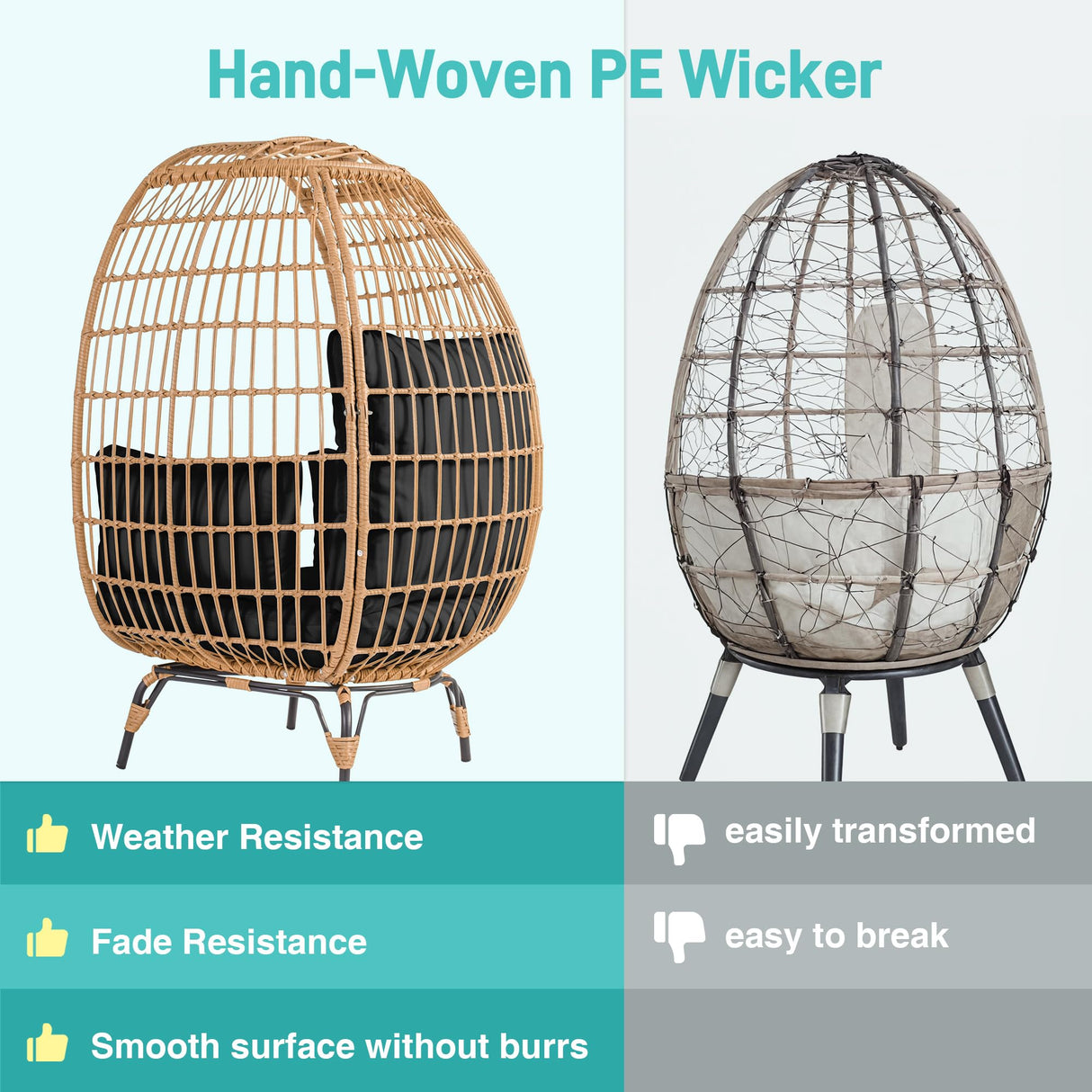 OTSUN Outdoor Egg Chair, PE Wicker Chair 440 lbs Capacity, Patio Chairs with 4 Thicken Cushions, Oversized Lounge Chairs with Durable Steel Frame Perfect for Balcony, Backyard, Bedroom-Black OTSUN