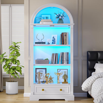 TAGELIER Arched Display Cabinet with Glass Doors, 72" Tall Curio Cabinet with Human Sensor Lights, 4-Tier Glass Display Case for Collectibles Bookcase Office, White