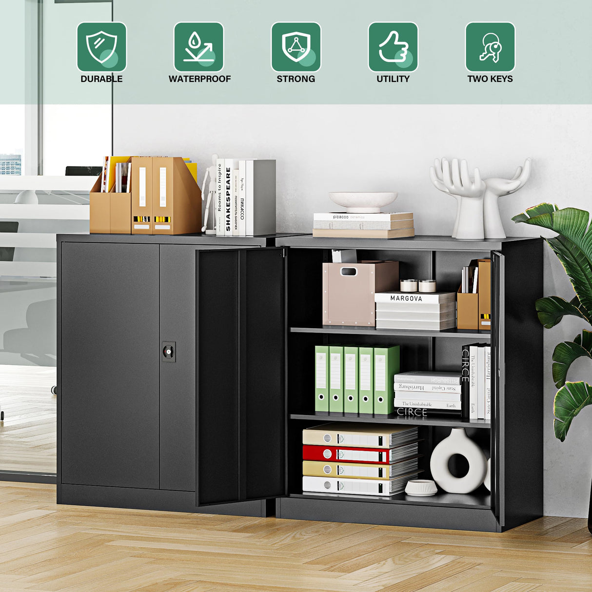 Letaya Metal Storage Cabinets with Lock Door,2 Adjustable Shelves Organizer Steel Storage Cabinets for Home,Office,Warehouse,Garage,Employee Lockers(Black) Letaya