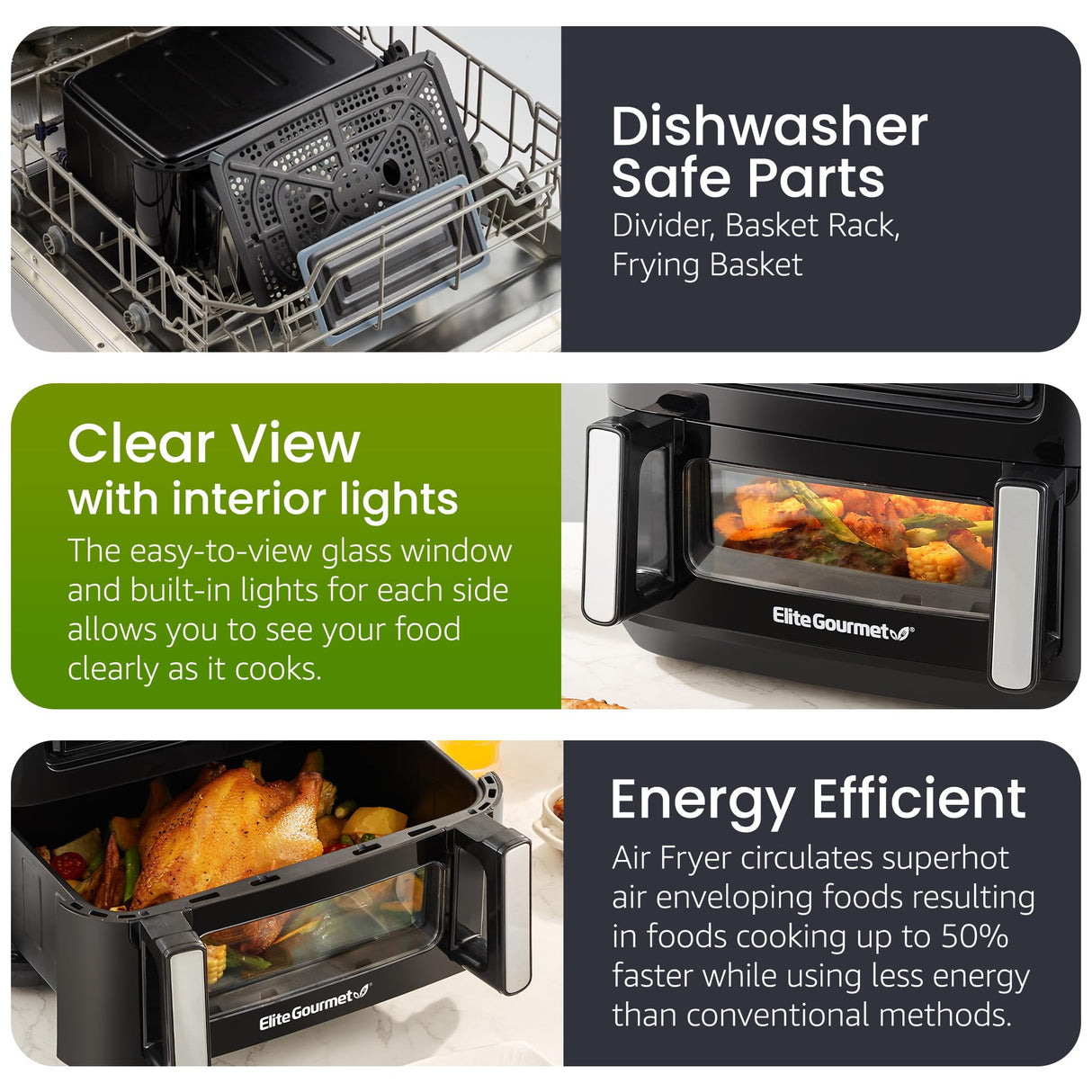 Elite Gourmet EAF1055D Dual Zone Air Fryer Oven, 11QT. Capacity with Divider 2 Independent Cook Zones, Dishwasher Safe Basket, 10 Preset Functions, 1600-Watts, with Recipe Booklet, Black Elite Gourmet