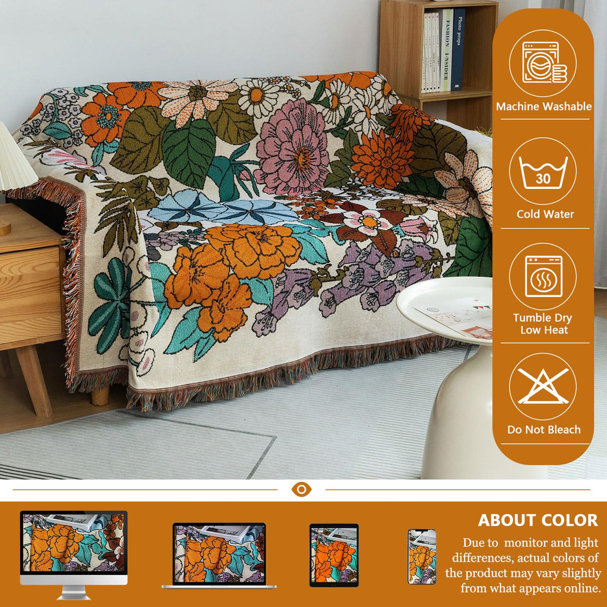 DREAMINGO Chic Farmhouse Sofa Cover Blanket Floral Jacquard Couch Cover for 3 Cushion Couch Sofa Sectional Couch Cover Universal Furniture Protector Tassel Trim Couch Covers for Sofa, 71"x150" DREAMINGO