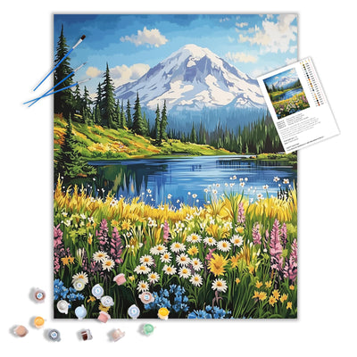 ARNLRDYA Paint by Numbers for Adults Mount Rainier National Park, Snow Mounta Forest Paint by Number Kits, Flowers Lake Scenery Acrylic Painting for Gift Home Wall Decor(16x20inches, Unframe)