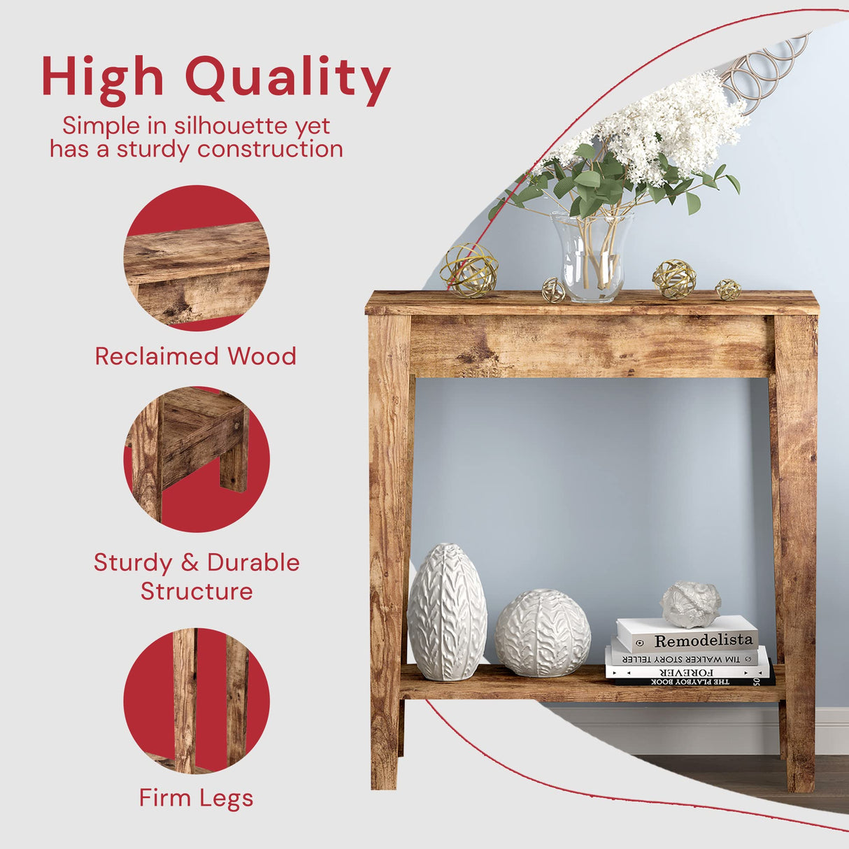 Safdie & Co Rustic Farmhouse Entry Table, Brown Solid Wood Console Table, Use As Doorway Table, Hallway Desk, or Accent Furniture for Decorating Safdie