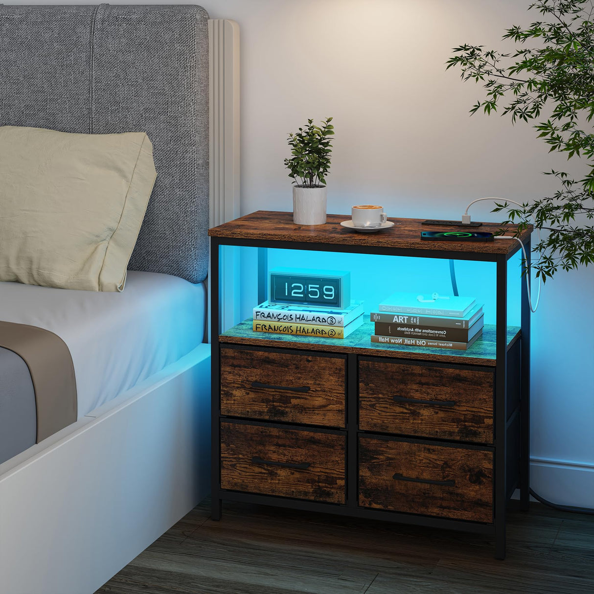 TUTOTAK LED Night Stand with Charging Station, Large Nightstand with USB and Type-C Port, Bedside Table with Cloth Drawers, End Table for Livingroom, Bedroom, Brown TB01BB081L TUTOTAK