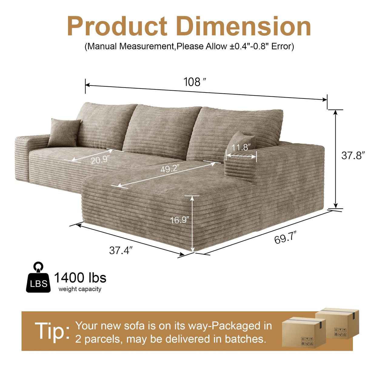 AUGOP 108" Sectional Couches for Living Room Modern Modular Sofa with L-Shape Couchs Upholstered Boneless Couch Deep Seat Sectional Couch with Chaise (Camel, Right Facing Chaise+2Seaters) AUGOP