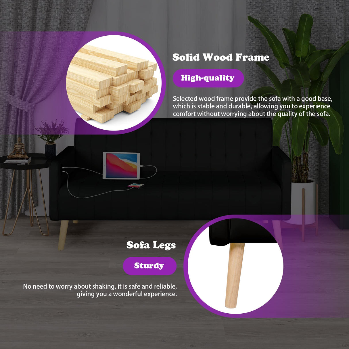 TYBOATLE Mid-Century Modern Striped PU Leather Loveseat Sofa w/ 2 USB Charging Ports, Love Seats Couches w/Pillow for Small Space, Living Room, Office, Apartment, Dorm, Office, 57“ W(White) (Black) TYBOATLE