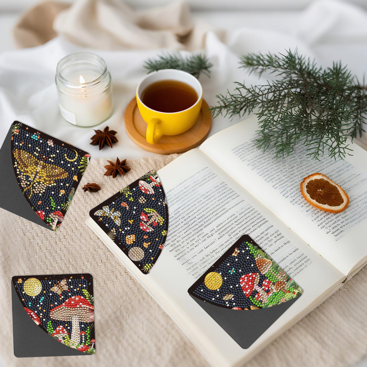 Sitsink Mystic Mushroom Diamond Art Bookmarks - 6 Pcs Corner Book Marks Diamond Painting Bookmarks Kit for Adults, Boho Moth Moon Phase Gem Art Rhinestone Craft Kit for Women Sitsink