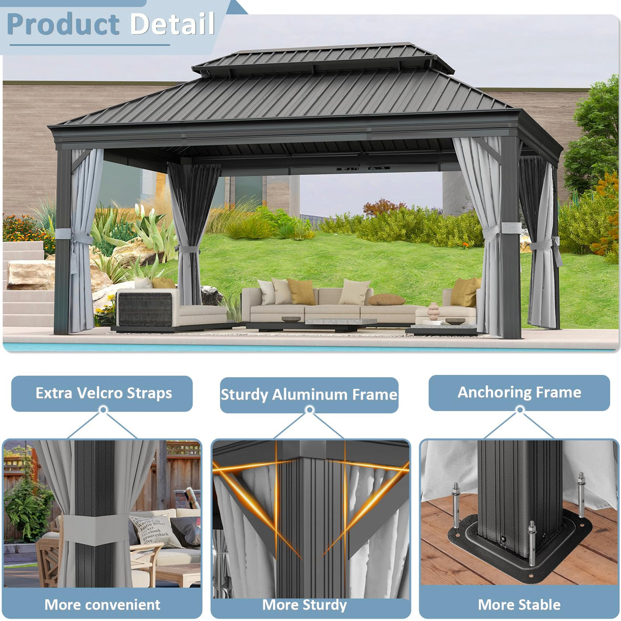 Aoxun 12' x 16' Permanent Hardtop Gazebo with Galvanized Steel Double Roof and Aluminum Frames Outdoor Large Pavilion Gazebo for Patio Deck Garden, Nettings and Curtains Included, Brown Aoxun