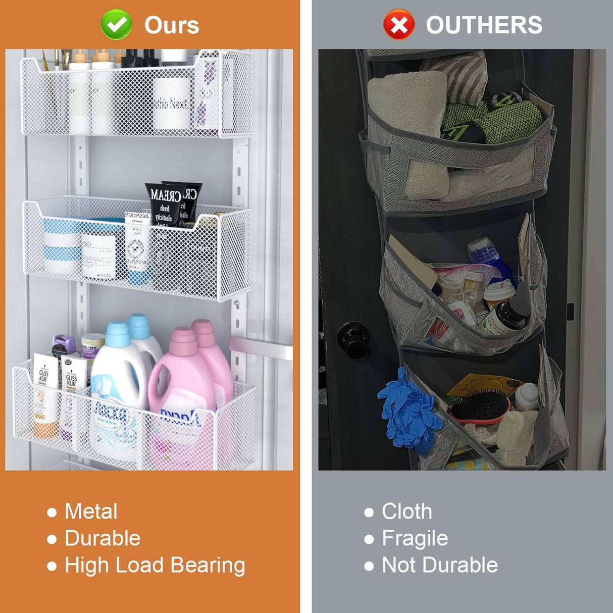 VyGrow Over The Door Organizer, Metal Door Organizer Hanging with 5 Adjustable Baskets and Coat Hook, Behind The Door Storage for Bedroom Closet Bathroom Pantry Cabinet Kitchen, White VyGrow