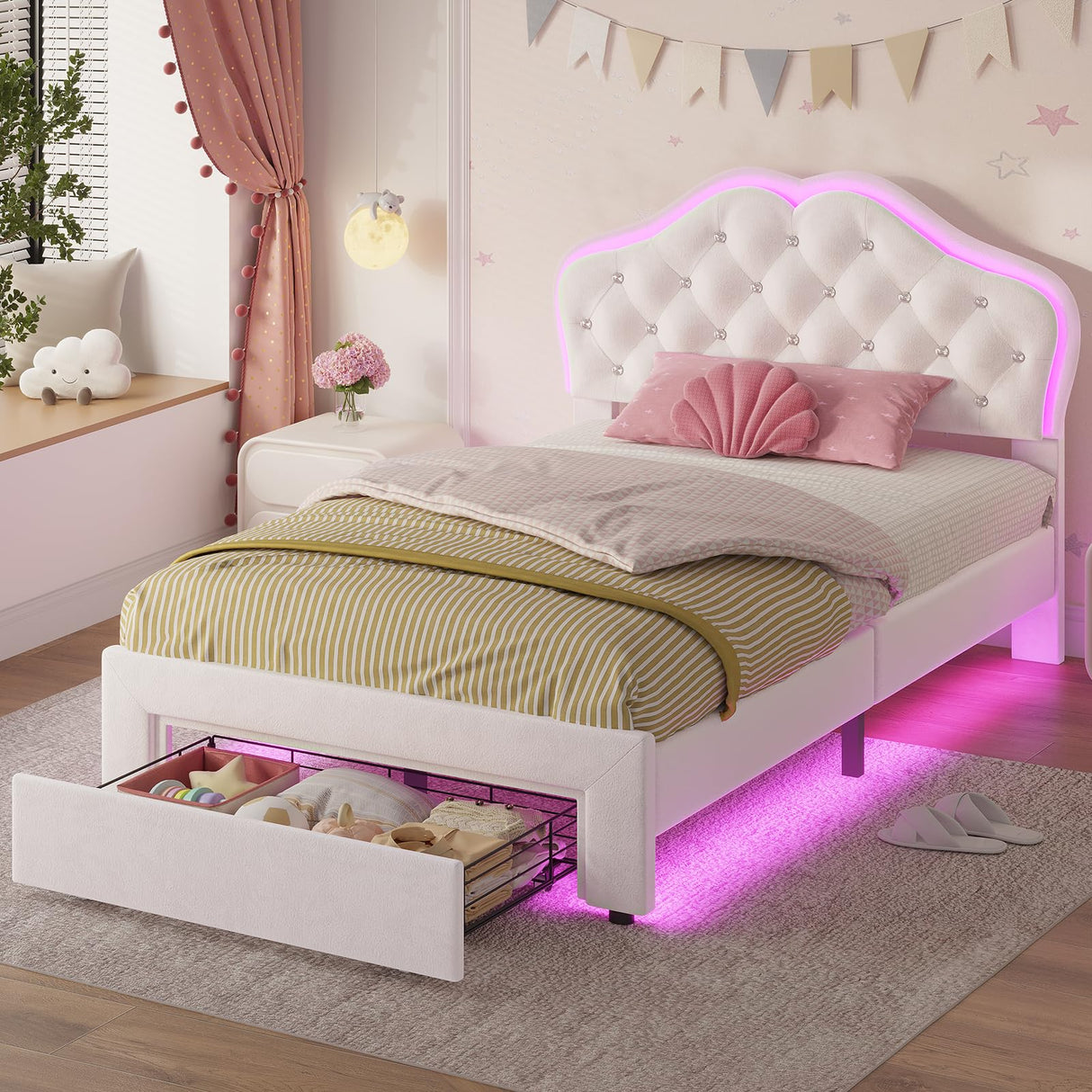 ADORNEVE Twin Size LED Bed Frame with Storage Drawer, Girls Twin Bed Frame with Adjustable Crystal Button Headboard, Velvet Princess Platform Bed for Girls, Solid Wooden Slats,Creamy White ADORNEVE