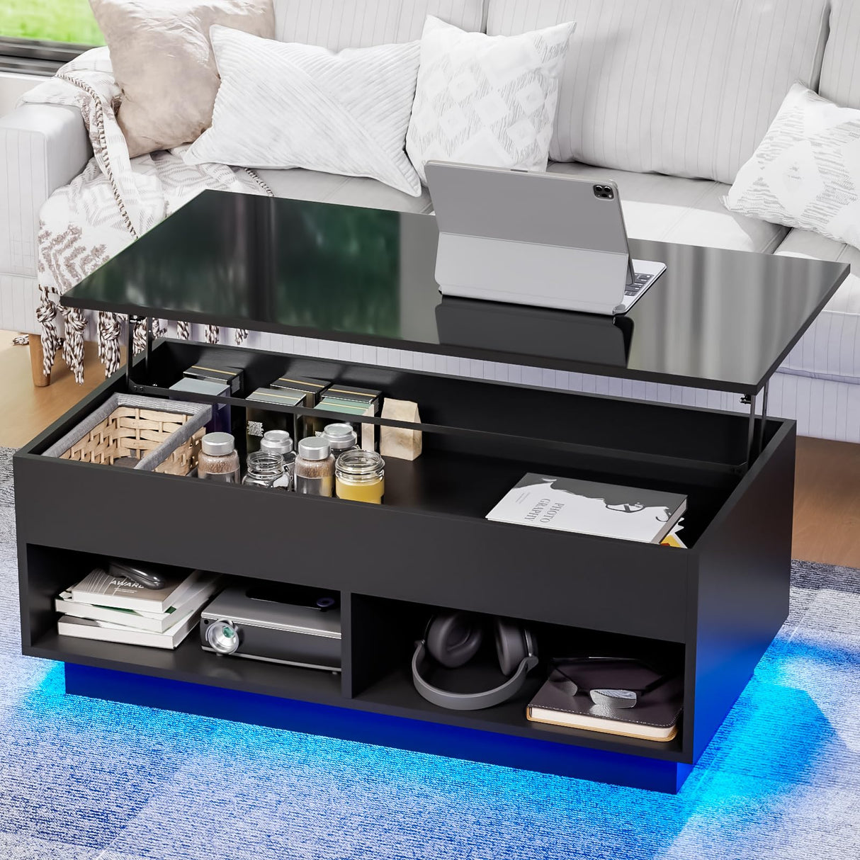 HOMMPA 40" Modern LED Coffee Table with Storage for Living Room, Lift Top Coffee Table with 2 Shelves, High Glossy Wooden Dining Table, Multifunctional Furniture for Bedroom Home Office, Black HOMMPA