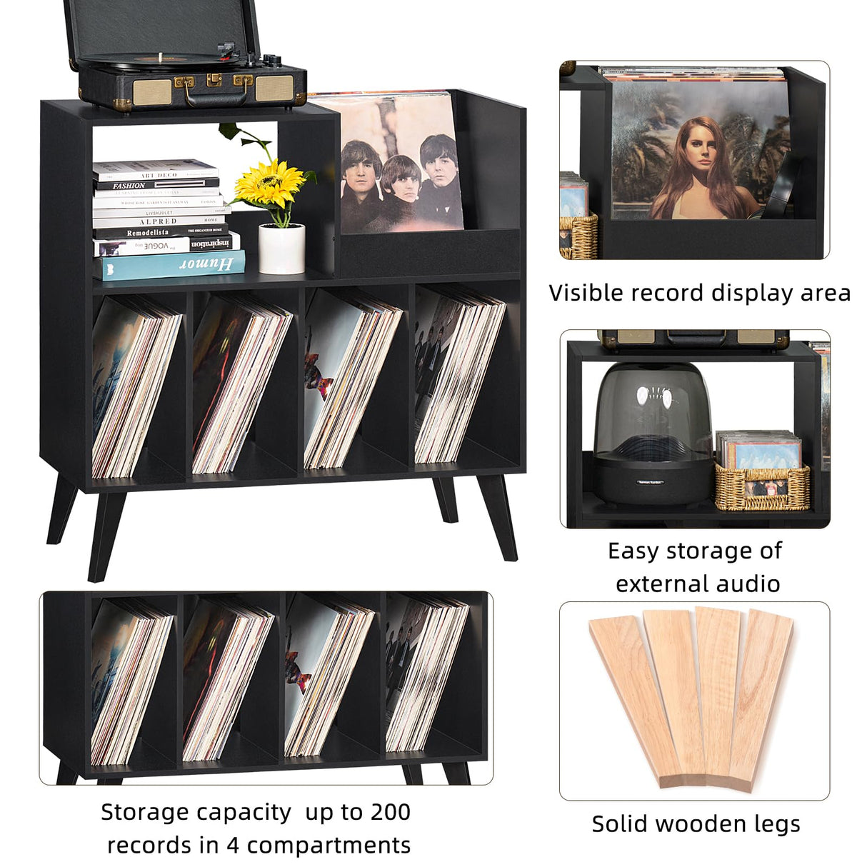 LELELINKY Large Record Player Stand, Turntable Stand with Storage, Vinyl Record Holder with Display Area, Record Player Table Holds Up to 300 Albums, Record Stand for Music room Living Room-Reto Black LELELINKY