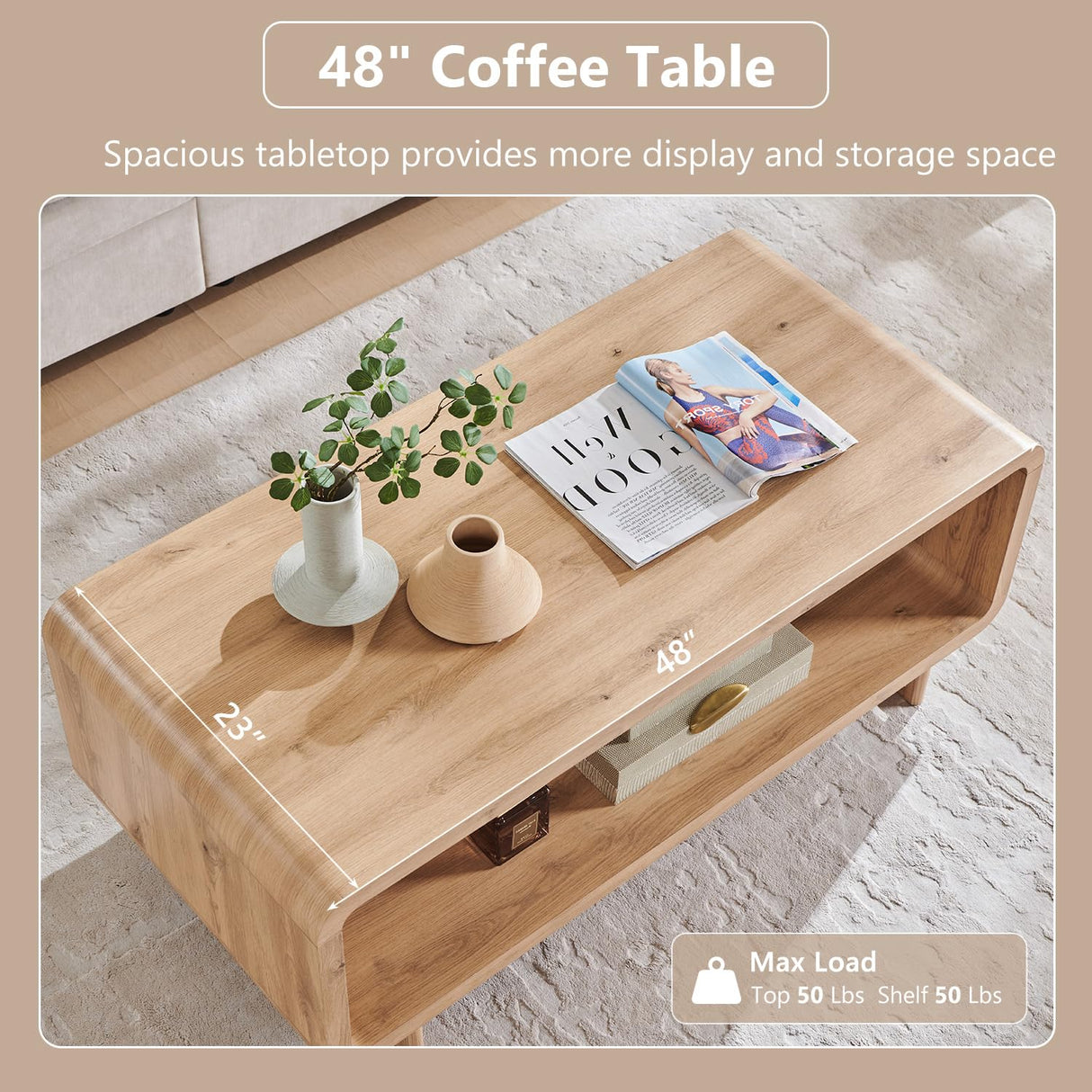 IFGET 48" Modern Coffee Table, 2-Tier Minimalist Center Table with Storage Shelf, Curved Profile Design, Wooden Rectangular Living Room Table w/Wood Thick Design for Living Room, Office, Natural Oak IFGET