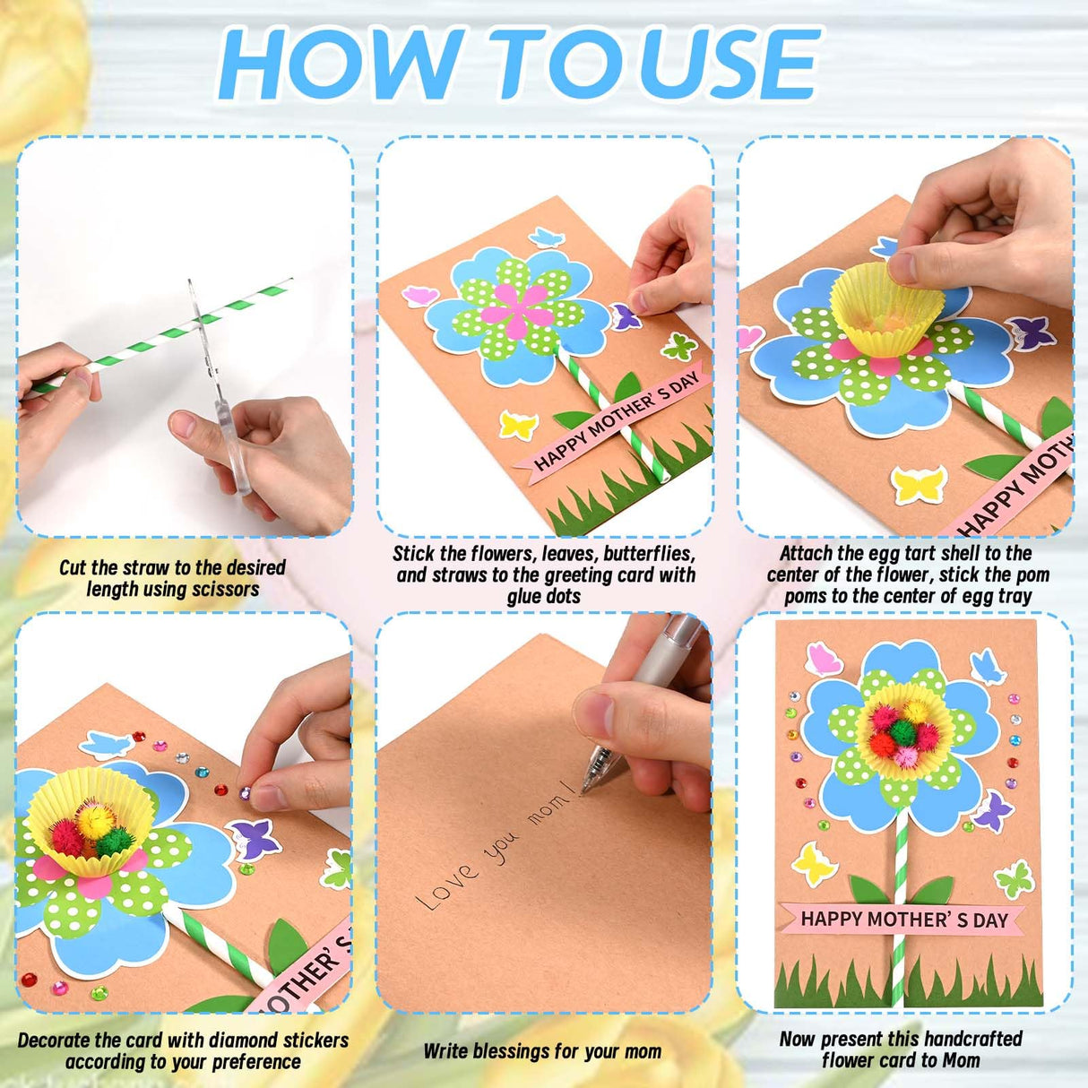24 Sets Mother's Day Flower Card Craft Kit for Kids Spring DIY Flower Greeting Card Set Happy Mother's Day Card Making Kit for Mom Gifts Classroom School Home Activities Sanixin