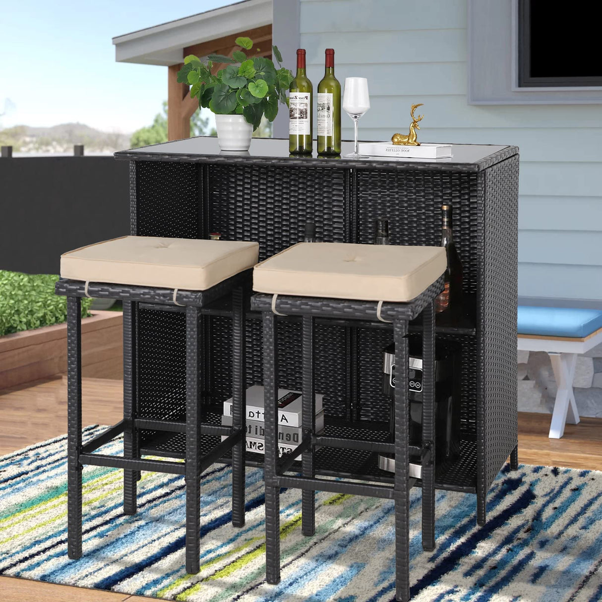 Patiomore 3-Piece Patio Outdoor Bar Set with Two Stools and Glass Top Table Patio Brown Wicker Furniture with Removable Cushions for Backyards, Porches, Gardens or Poolside Patiomore
