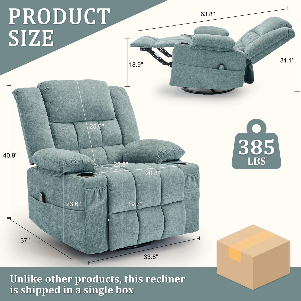 Korser Adult 360° Swivel Rocking Recliner, Baby Room Glider Recliner with Massage and Heating, Rocking Chair with Cup Holder, Living Room and Bedroom Manual Chair (Fabric, Lake Blue) Korser