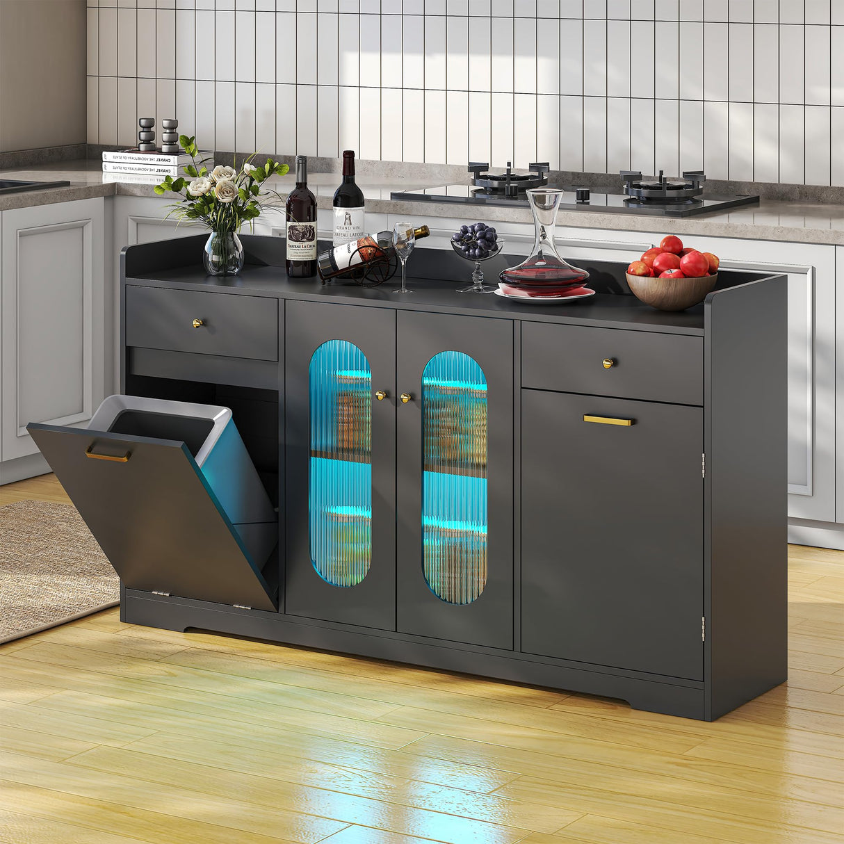 kepptory Large Kitchen Island with Storage, Kitchen Island with Trash Can & Adjustable Shelves & Drawers & LED Light, Kitchen Pantry Storage Cabinet for Home Office Use (Black, 13" D x 54" W x 32" H) kepptory