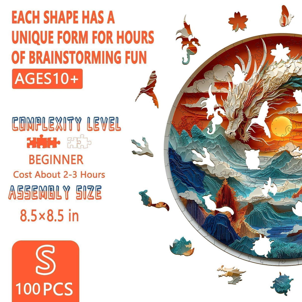Wooden Puzzles for Adults - Flat Puzzle with 3D Visual Effect Dragon Puzzle, Unique Shape 100 Pieces Wooden Jigsaw Puzzles, Paper Sculpture Modern Art Puzzle, Good Gift Idea for Family(S-8.5 * 8.5in) Pijesaksa