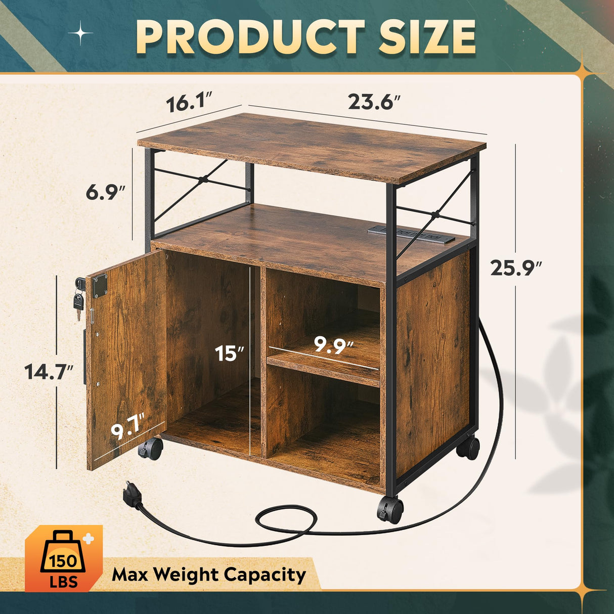 DEVAISE File Cabinet with Charging Station, Lockable Lateral Filing Cabinets for Home Office, Printer Cabinet Accommodates A4/Letter Size File folders, Rustic Brown DEVAISE