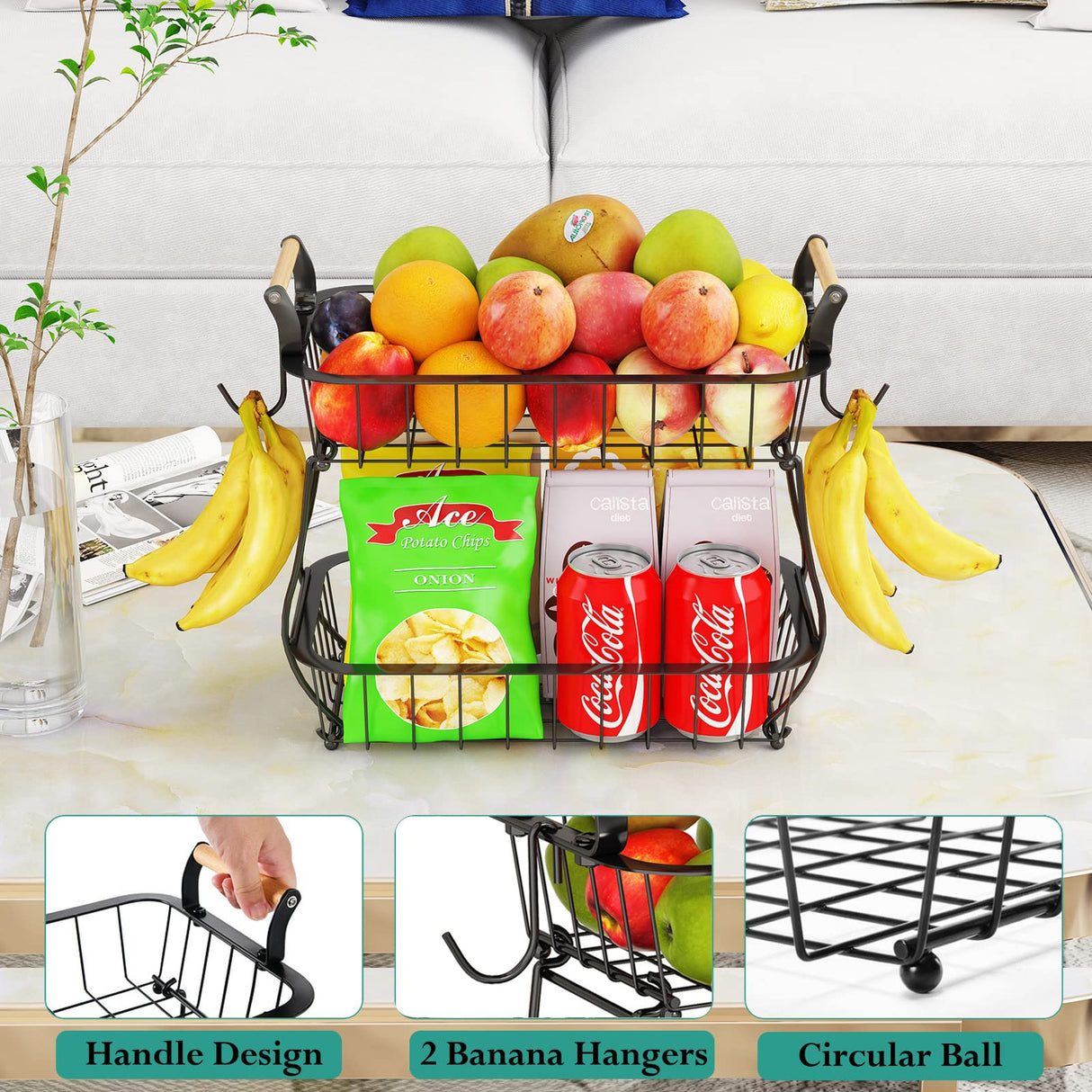 ANTOPY 2 Tier Fruit Basket with 2 Banana Hangers, Countertop Fruit Vegetable Basket Bowl for Kitchen Counter Metal Wire Fruits Storage Stand Holder Organizer for Bread Snack Veggies Produce ANTOPY