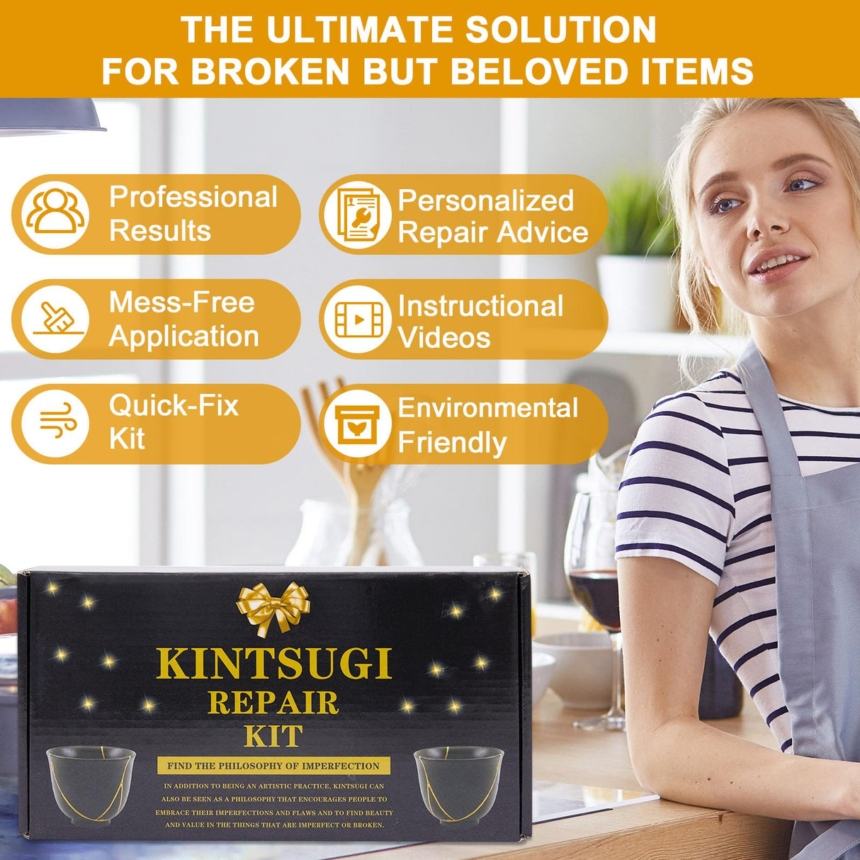 deuvuo Kintsugi Repair Kit Gold, Authentic Kintsugi Repair Kit Bio to Revive Your Broken Ceramic, Pottery, Mug, Bowl, Glass Keepsakes with Ease - Japanese Kintsugi Repair Kit Bio for Beginners deuvuo