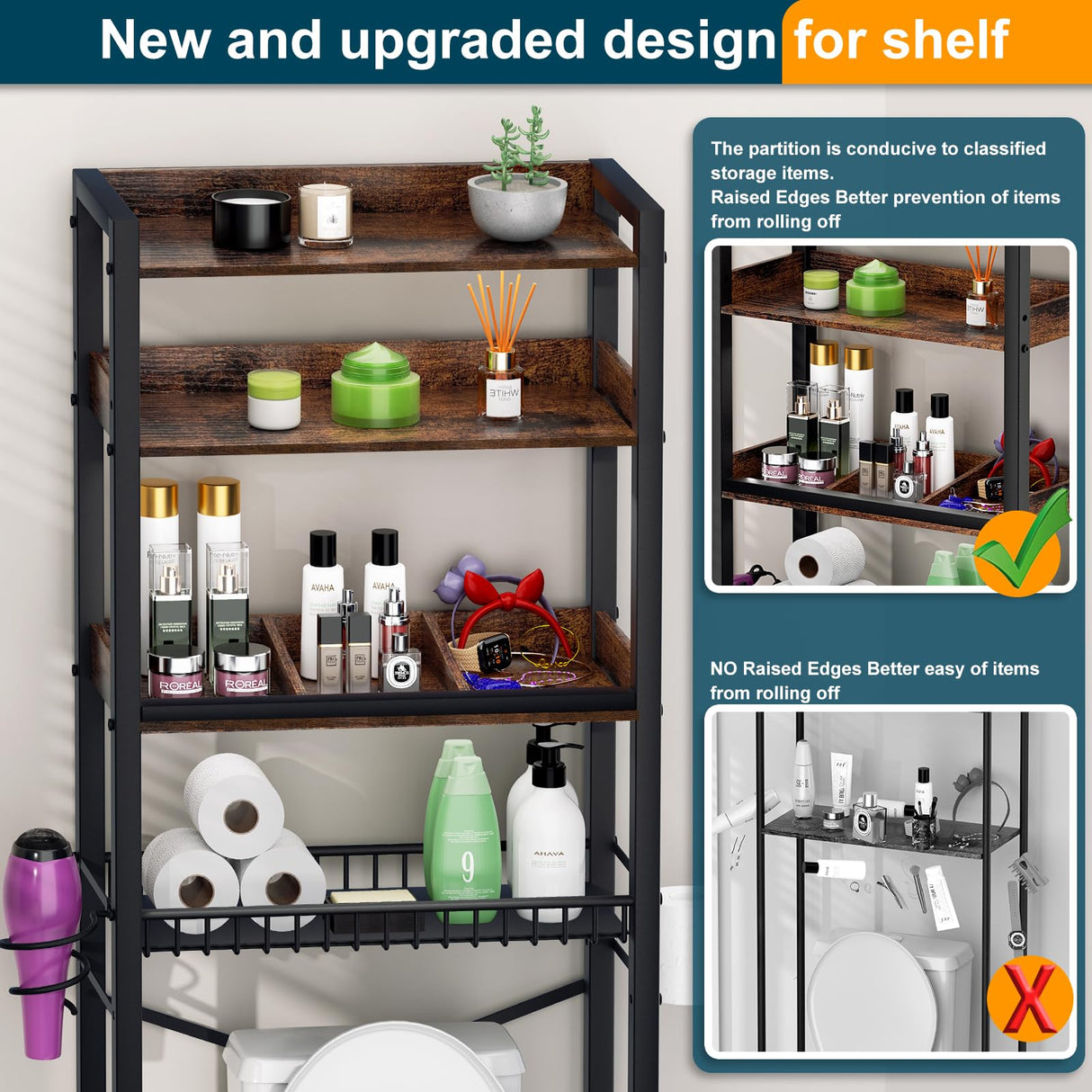 Over The Toilet Storage Cabinet,4 Tier Bathroom Organizers and Storage With Adjustable Shelf Waterproof Feet Pad and Basket ,Multifunctional Space Saver Freestanding Bathroom Shelves With Dividers Mlinavn