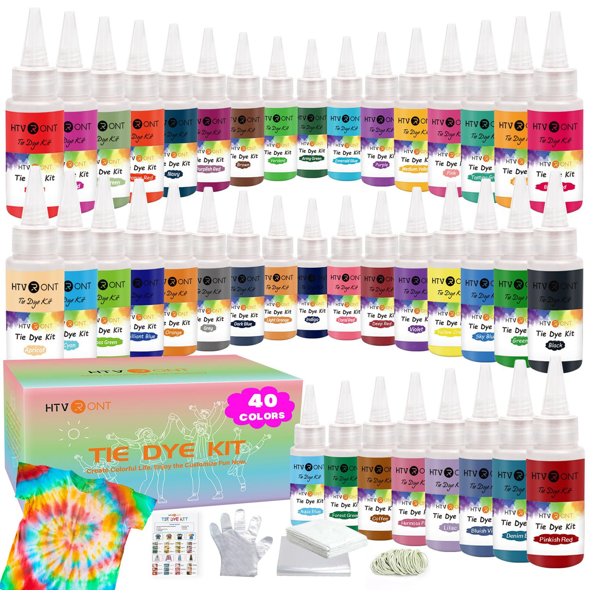 HTVRONT Tie Dye Kit - 40 Vibrant Colors Pre-Filled Bottles Tye dye Kit for Kids and Large Groups, Permanent Tie Dye Kits for Adults Tyedyedye Party Supplies Tye dye Kit to Go(Just Add Water) HTVRONT