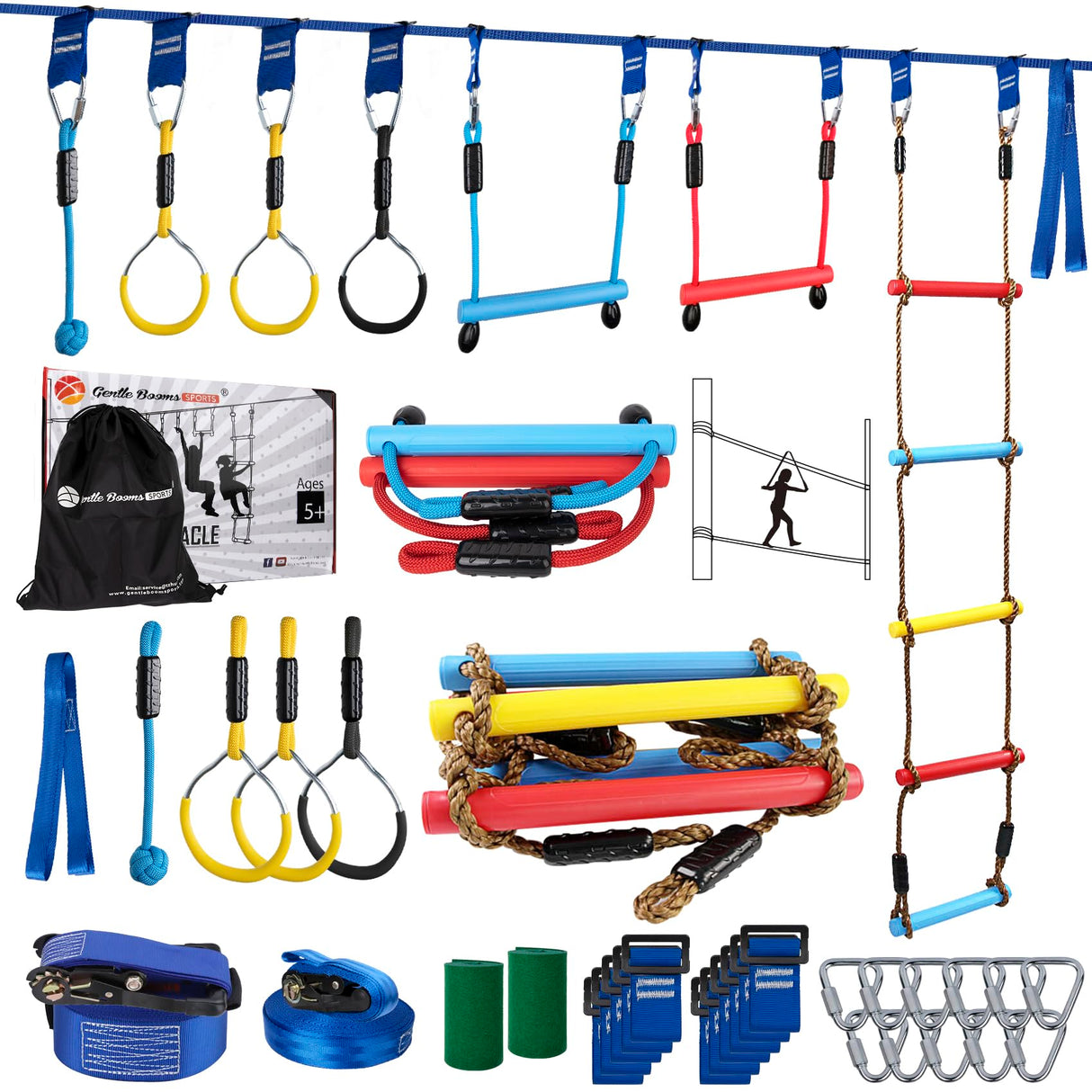 Ninja Warrior Obstacle Course for Kids, 2×56ft Slackline Kit with 8 Ninja Accessories - Monkey Bar, Rope Ladder, Gymnastic Ring, Arm Trainer and Monkey Fist Gentle Booms Sports