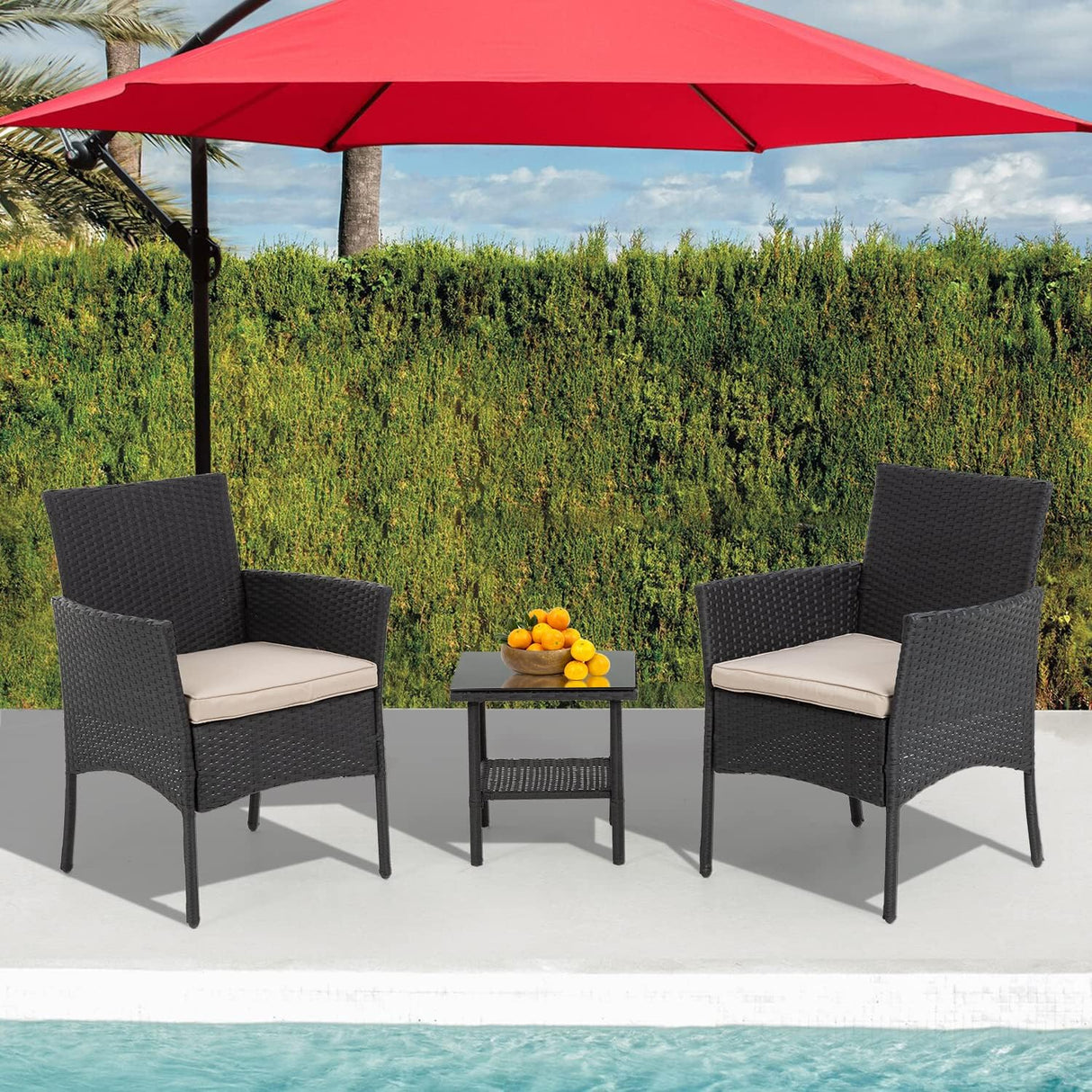 Ruesleag Patio Furniture 3 Pieces Outdoor Wicker Patio Furniture Conversation Set Patio Set Bistro Table Set for Backyard Porch Poolside Garden Balcony Lawn,Glass Coffee Table &RattanChairs Set,Black Ruesleag