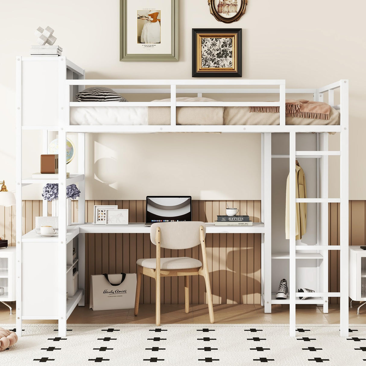 Bellamave Metal Loft Bed with Wardrobe and L-Shaped Desk, Full Size Loft Bed with Storage Cubes and Shelves, Heavy Duty Loft Bed for Kids Teens Adults, White Bellemave
