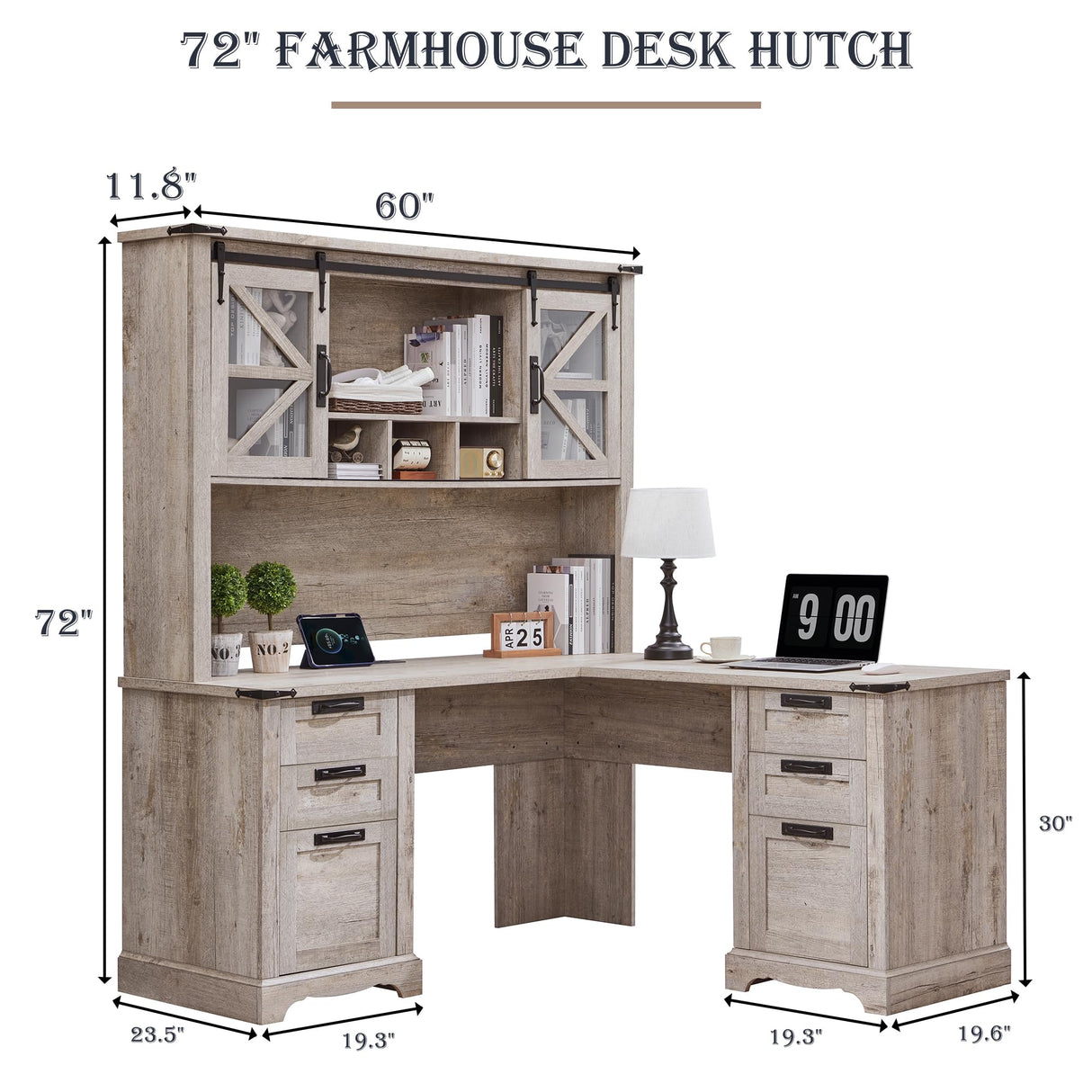 RedLemon 60" Farmhouse L Shaped Desk with Hutch, Wood Home Office Executive Desk with Drawer, Charging Station, File Drawer, Storage Cabinet, Rustic Writing Computer Desk (Light Rustic Oak) RedLemon